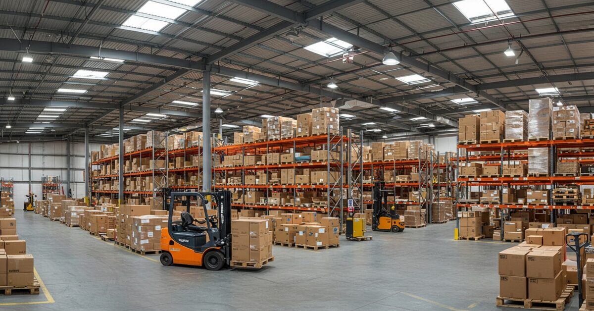 Rzędy regałów z towarem i wózek widłowy na dużej hali magazynowej.